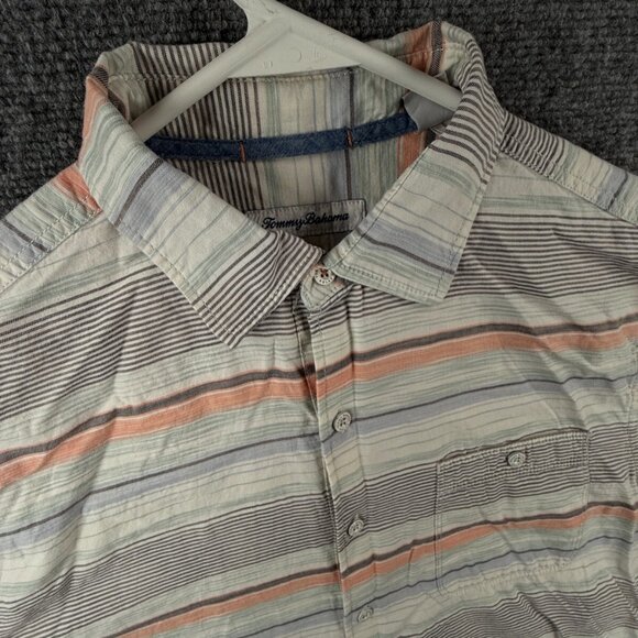 Tommy Bahama Striped Medium Gray Blue Orange Colorful Button Up Tencel Cotton - Picture 7 of 16